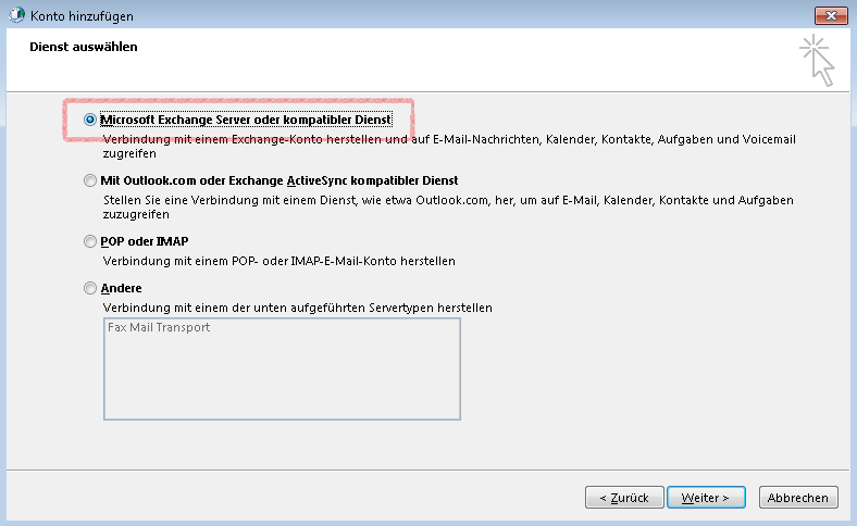 Einrichtung von Outlook 2013 für Hosted Exchange (manuelle Konfiguration) (1179)