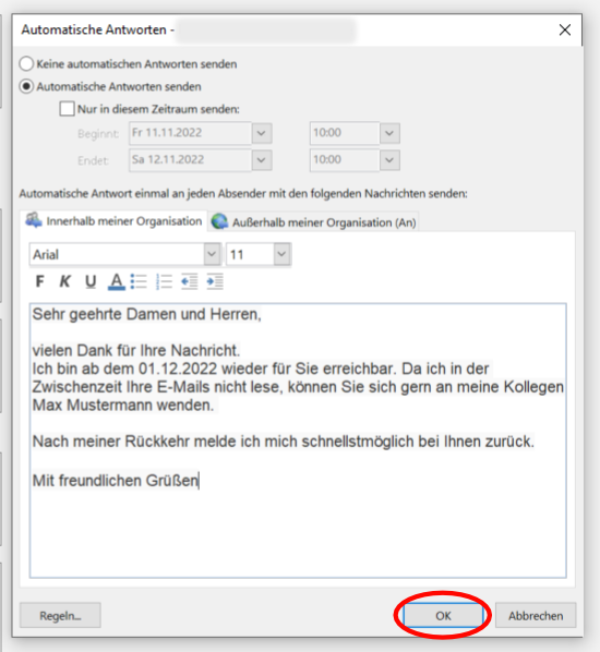 Outlook-Abwesenheitsnotiz einrichten Schritt 4